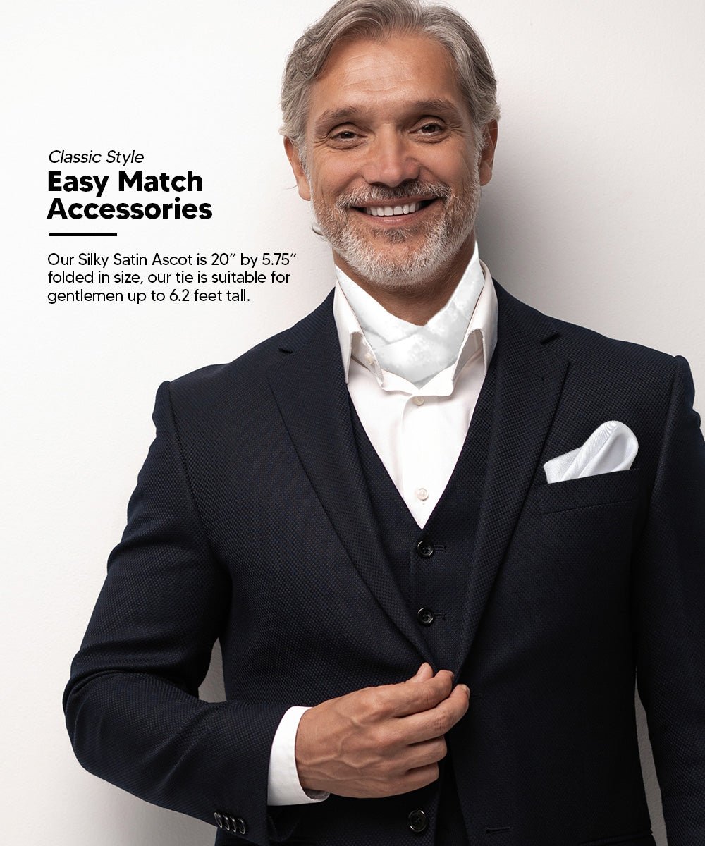 Vittorio Farina Men's Solid Satin Ascot & Pocket Square - ASCOTS - SOLID_WHITE - Classy Cufflinks