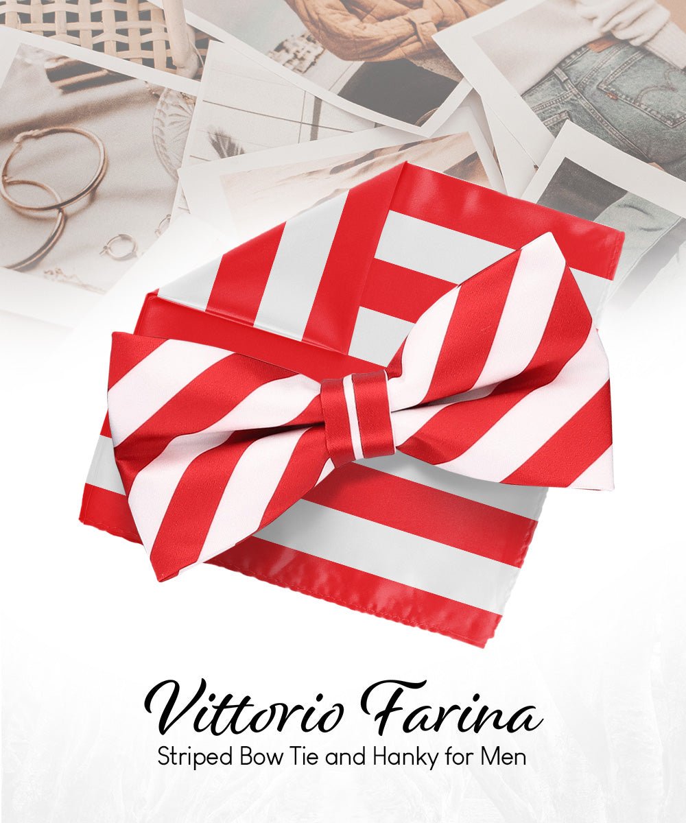 Vittorio Farina Men's Striped Satin Bow Tie & Pocket Square in Gift Box - bh - 1580 - Classy Cufflinks