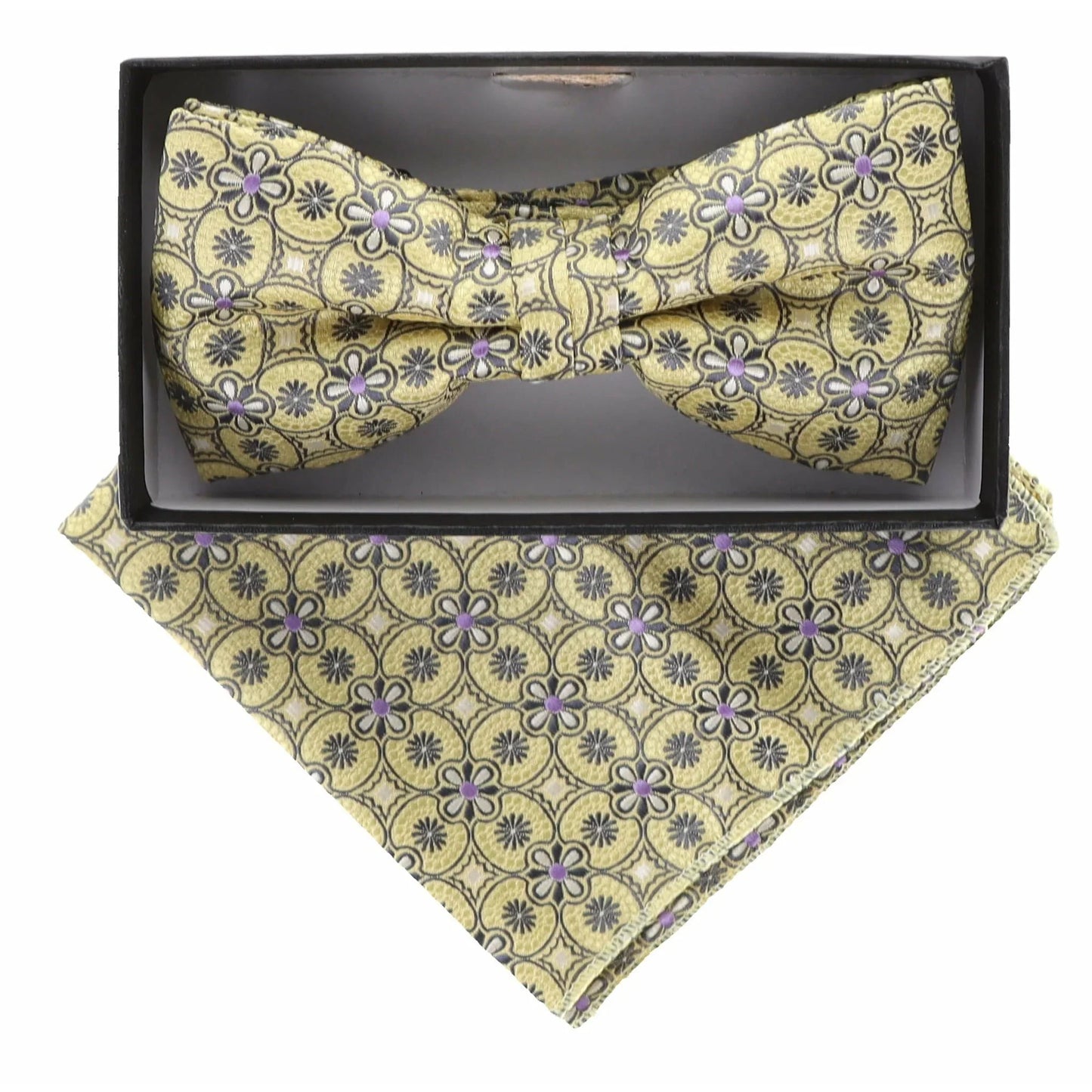 Vittorio Farina Men's Geometric Design Satin Bow Tie & Pocket Square in Gift Box - BH - D - 21037 - Classy Cufflinks