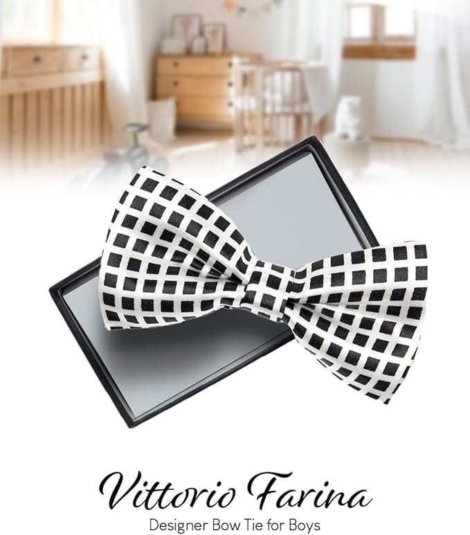 Vittorio Farina Boy's Design Satin Bow Tie - Suits You Sir - Black and White Checkerboard -