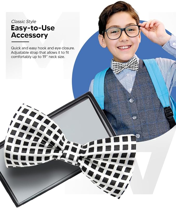 Vittorio Farina Boy's Design Satin Bow Tie - Suits You Sir - Black and White Checkerboard -