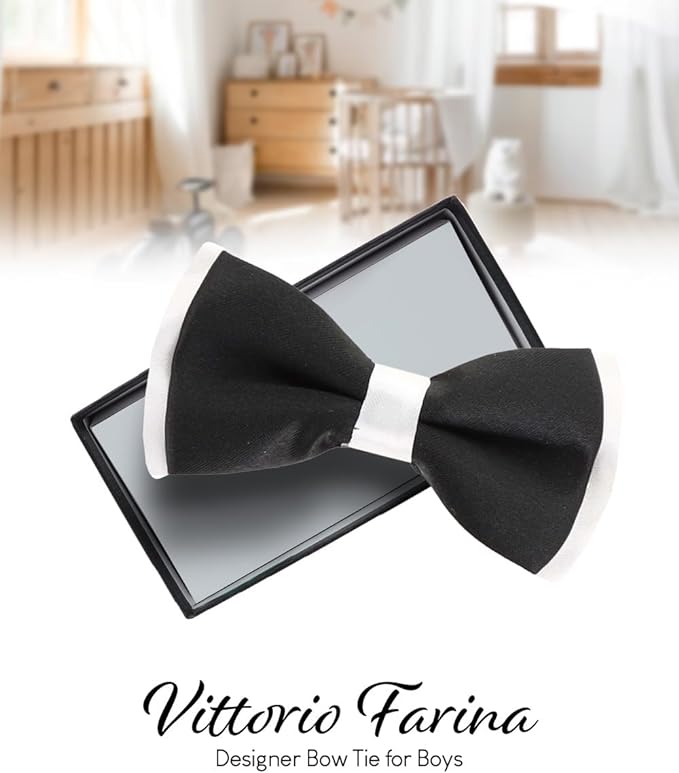 Vittorio Farina Boy's Design Satin Bow Tie - Suits You Sir - Black and White Fold -