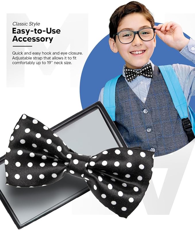 Vittorio Farina Boy's Design Satin Bow Tie - Suits You Sir - Black and White Polka Dot -