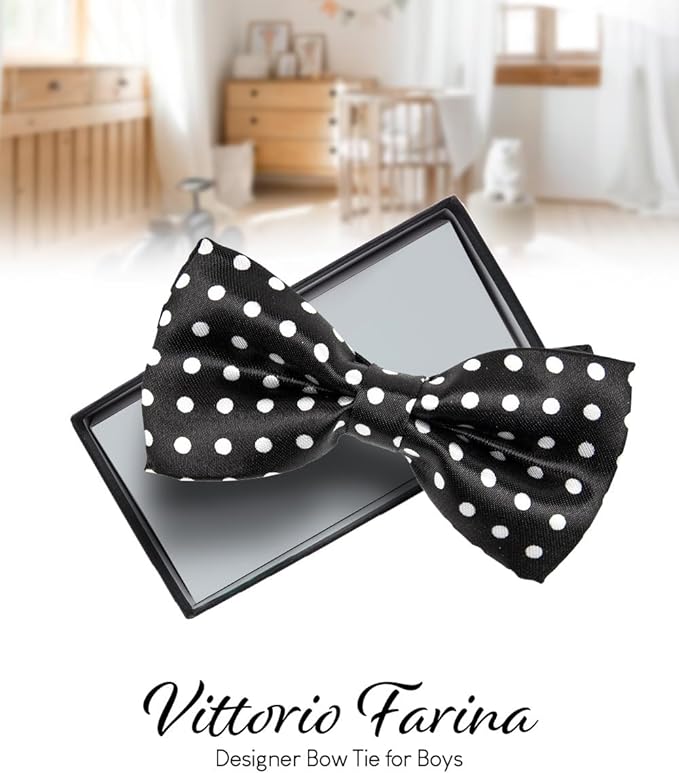 Vittorio Farina Boy's Design Satin Bow Tie - Suits You Sir - Black and White Polka Dot -