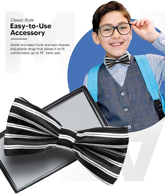 Vittorio Farina Boy's Design Satin Bow Tie - Suits You Sir - Black and White Stripes -