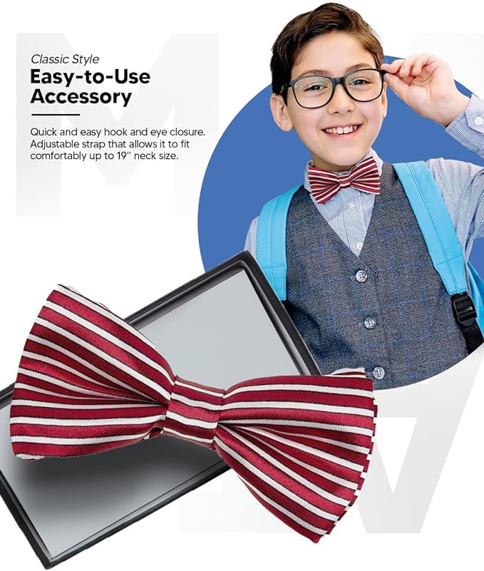 Vittorio Farina Boy's Design Satin Bow Tie - Suits You Sir - Burgundy and White Stripes -