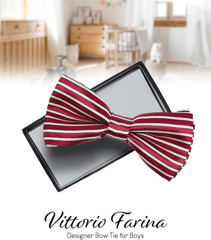 Vittorio Farina Boy's Design Satin Bow Tie - Suits You Sir - Burgundy and White Stripes -