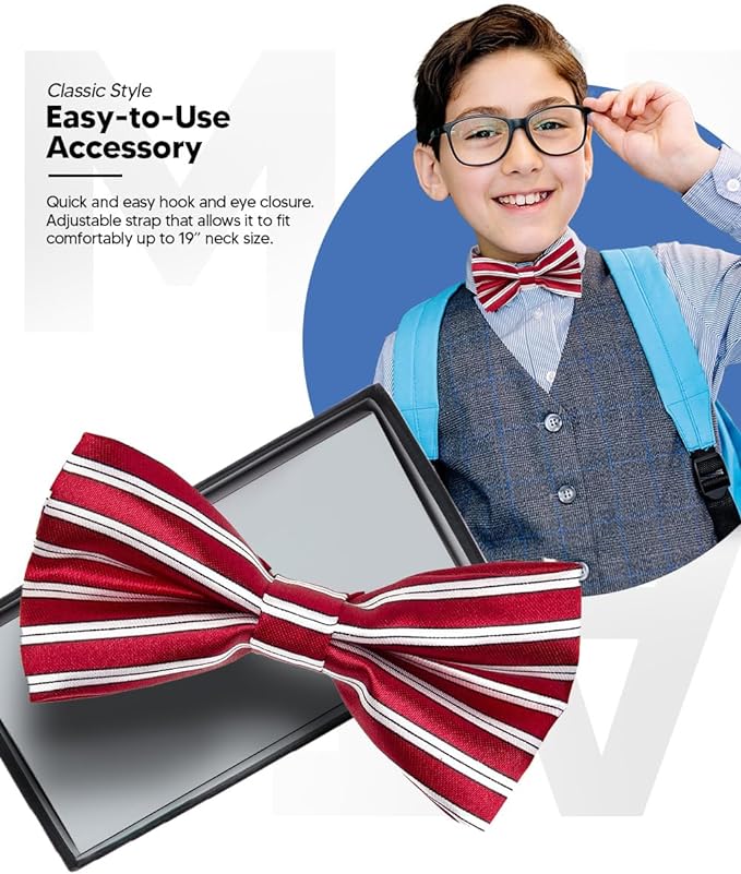 Vittorio Farina Boy's Design Satin Bow Tie - Suits You Sir - Burgundy and White Stripes (wide) -