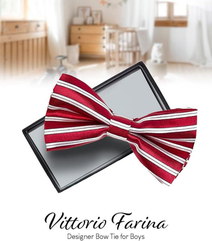 Vittorio Farina Boy's Design Satin Bow Tie - Suits You Sir - Burgundy and White Stripes (wide) -