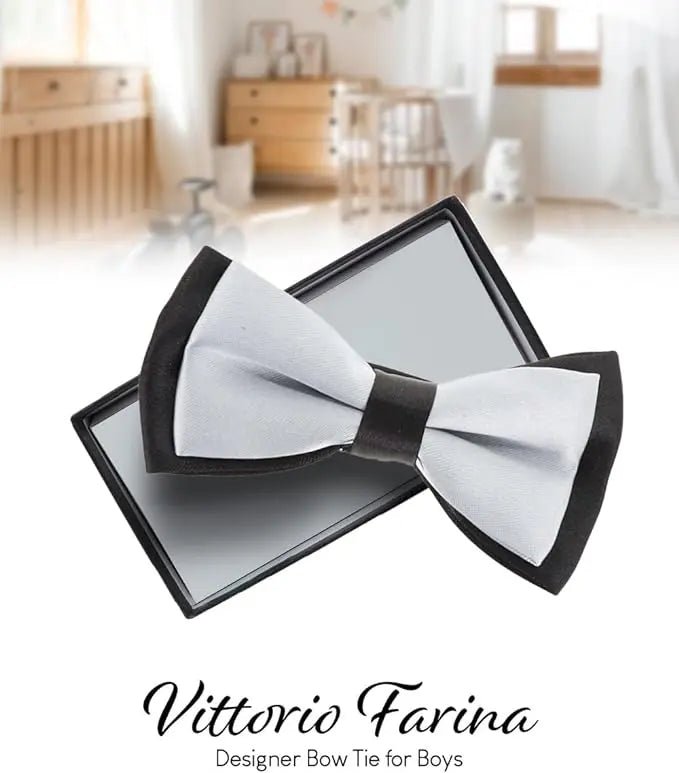Vittorio Farina Boy's Design Satin Bow Tie - Suits You Sir - Gray and Black Fold -