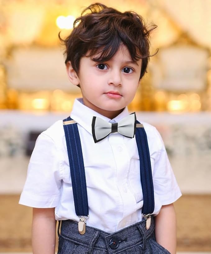Vittorio Farina Boy's Design Satin Bow Tie - Suits You Sir - Gray and Black Fold -