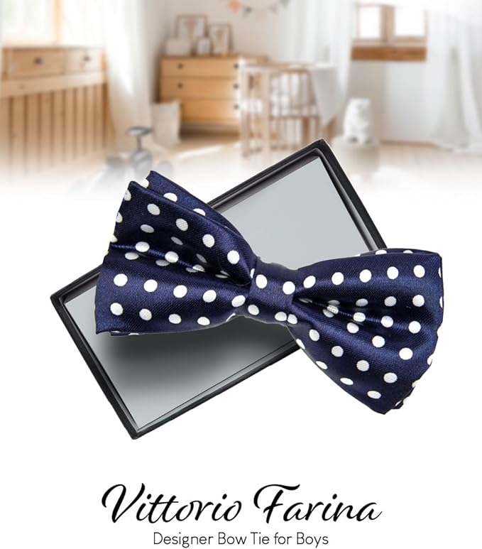 Vittorio Farina Boy's Design Satin Bow Tie - Suits You Sir - Navy Blue and White Polka Dot -