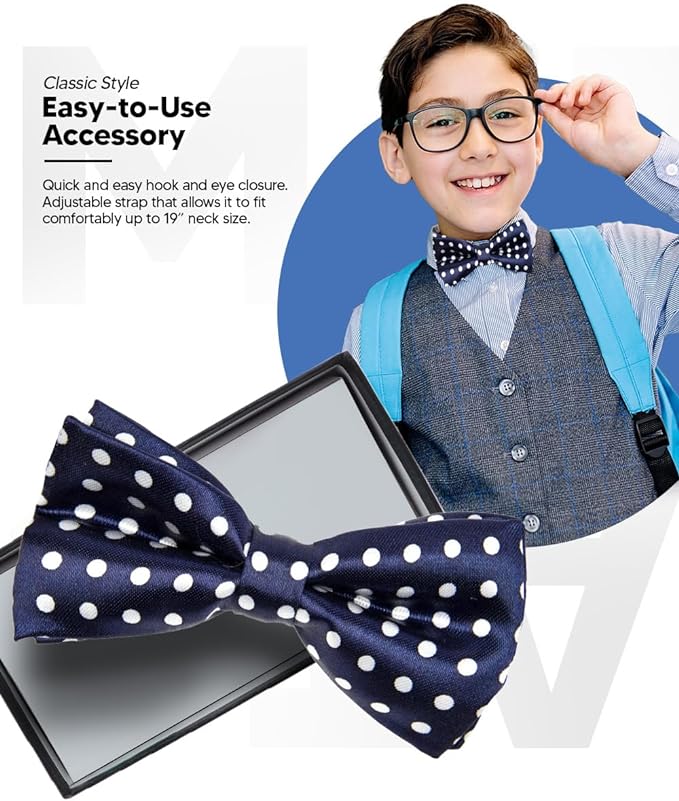 Vittorio Farina Boy's Design Satin Bow Tie - Suits You Sir - Navy Blue and White Polka Dot -