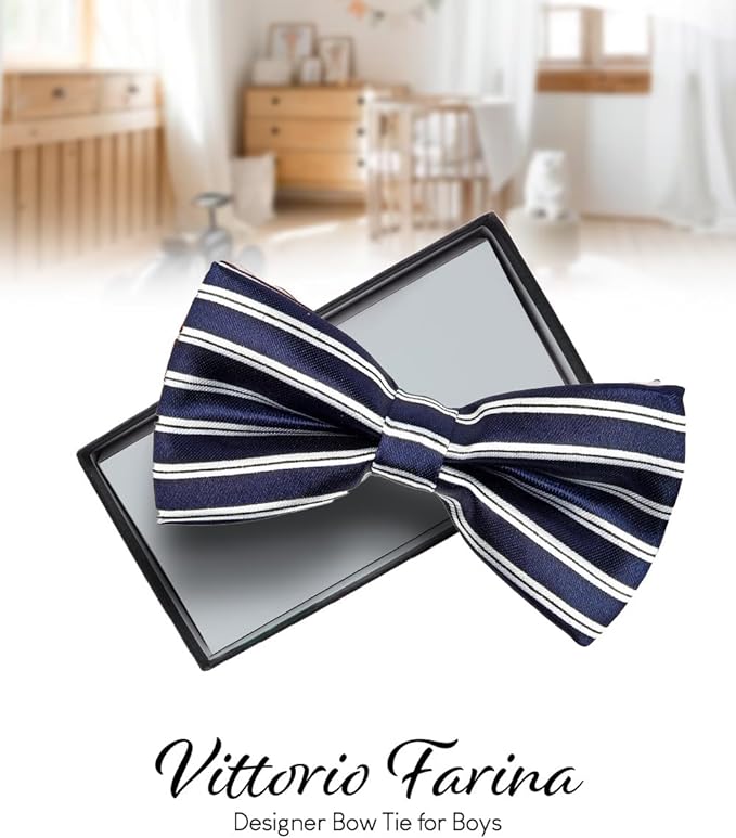 Vittorio Farina Boy's Design Satin Bow Tie - Suits You Sir - Navy Blue and White Stripes -