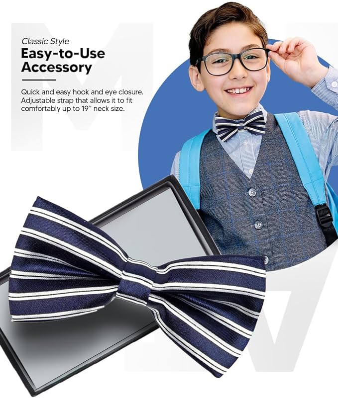 Vittorio Farina Boy's Design Satin Bow Tie - Suits You Sir - Navy Blue and White Stripes -