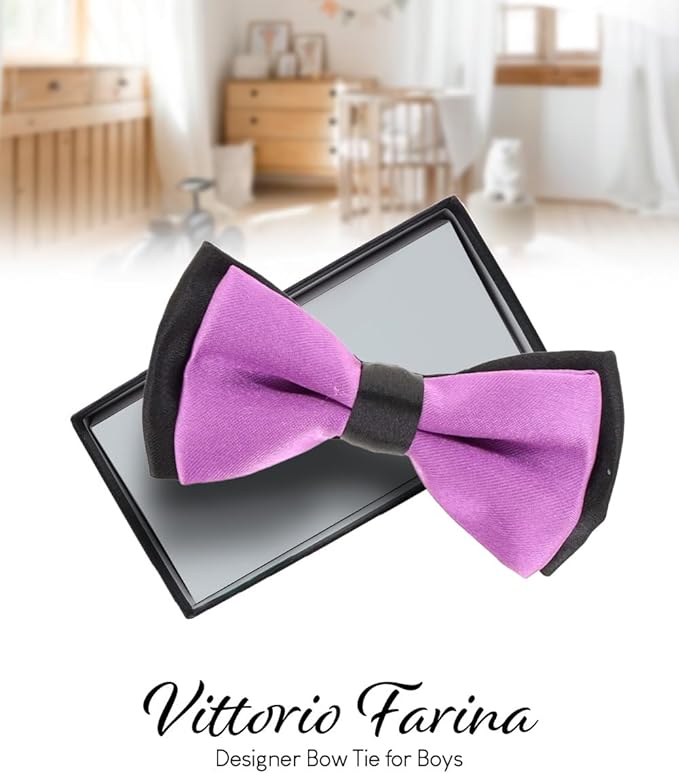 Vittorio Farina Boy's Design Satin Bow Tie - Suits You Sir - Purple and Black Fold -