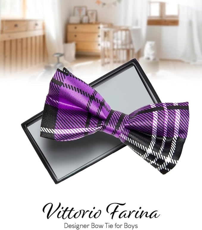 Vittorio Farina Boy's Design Satin Bow Tie - Suits You Sir - Purple Plaid -