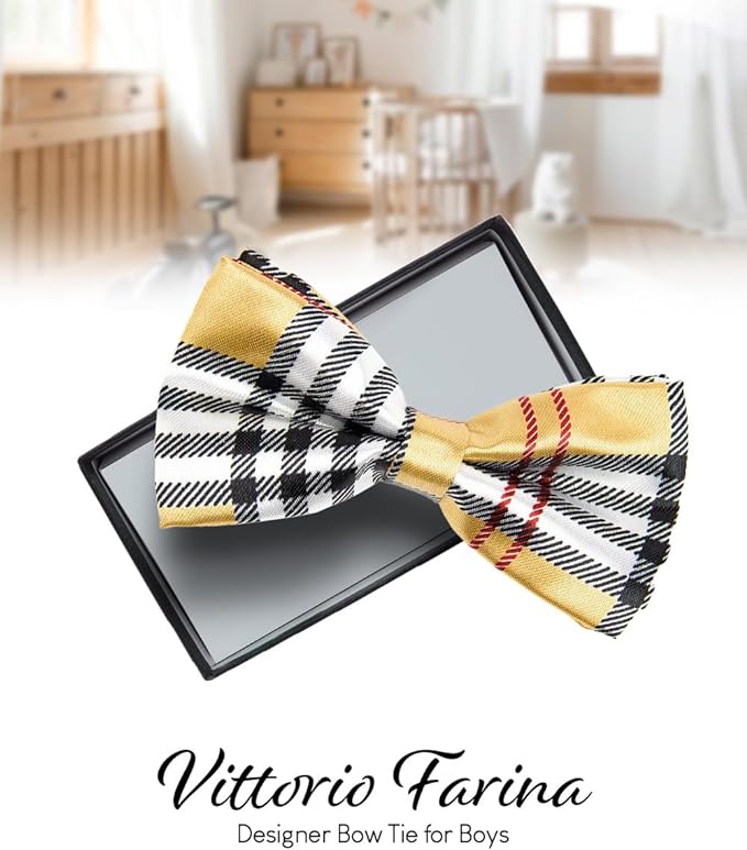 Vittorio Farina Boy's Design Satin Bow Tie - Suits You Sir - Yellow Plaid -