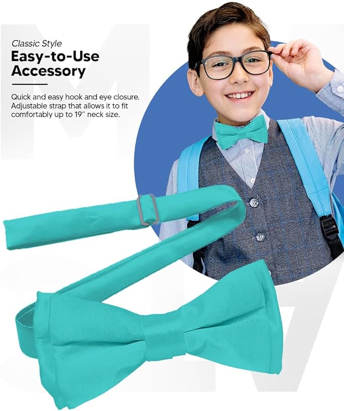 Vittorio Farina Boy's Pretied Solid Silky Satin Bow Tie - Suits You Sir - Aqua -