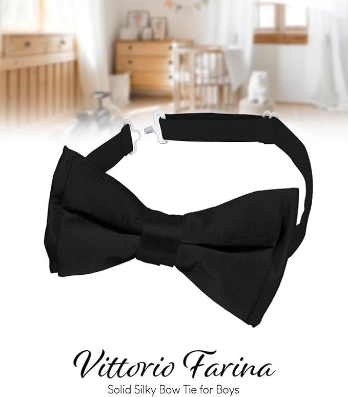 Vittorio Farina Boy's Pretied Solid Silky Satin Bow Tie - Suits You Sir - Black -