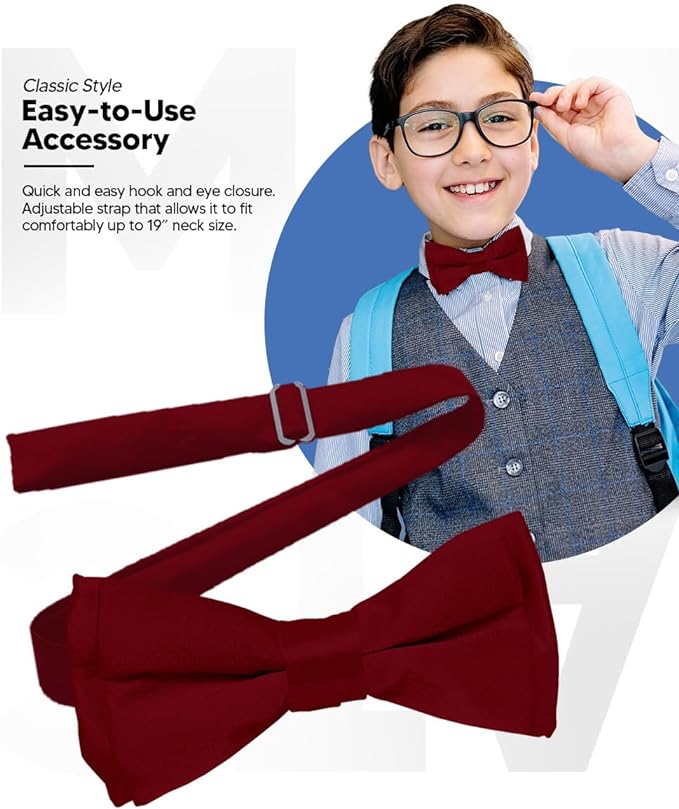 Vittorio Farina Boy's Pretied Solid Silky Satin Bow Tie - Suits You Sir - Burgundy -