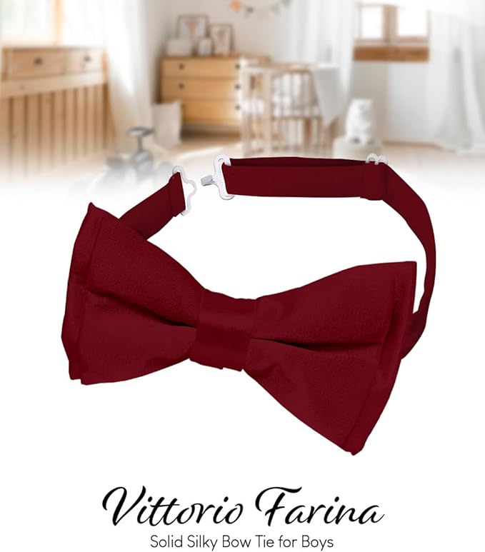 Vittorio Farina Boy's Pretied Solid Silky Satin Bow Tie - Suits You Sir - Burgundy -