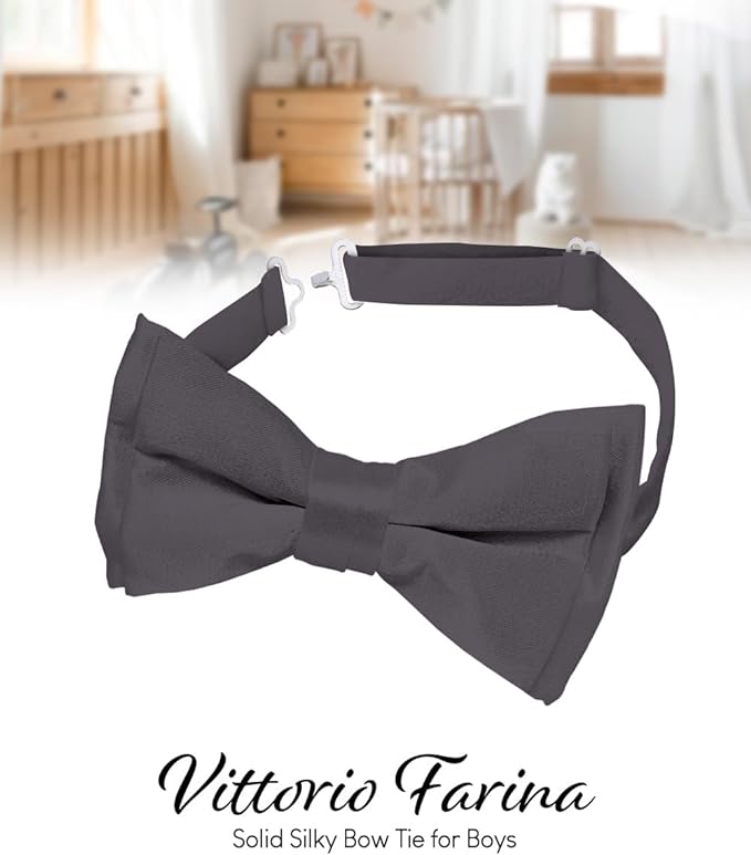 Vittorio Farina Boy's Pretied Solid Silky Satin Bow Tie - Suits You Sir - Charcoal -