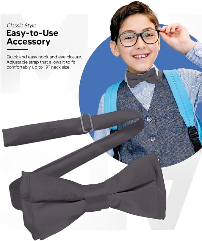 Vittorio Farina Boy's Pretied Solid Silky Satin Bow Tie - Suits You Sir - Charcoal -