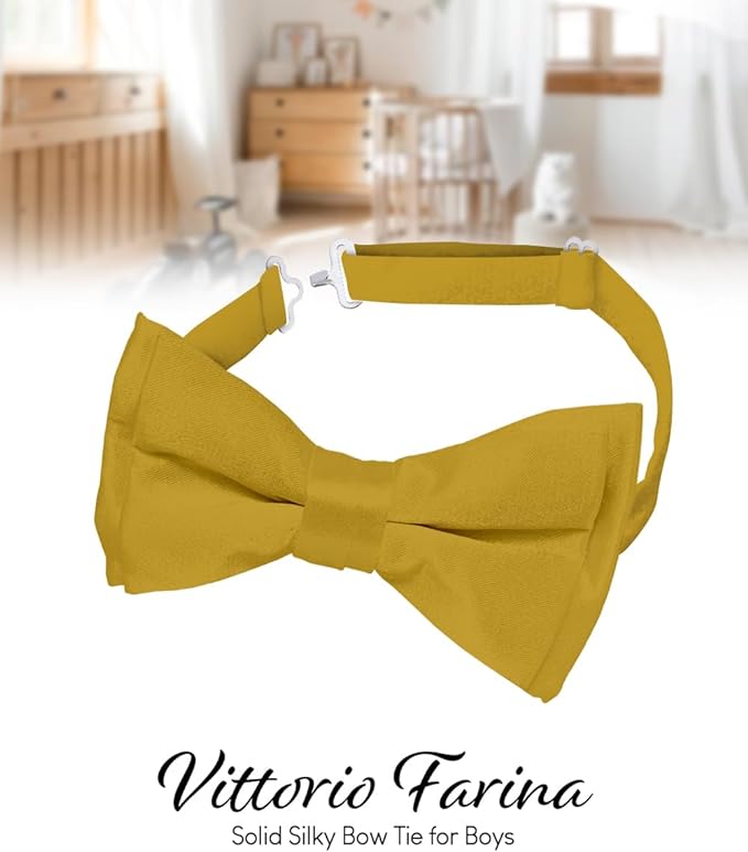 Vittorio Farina Boy's Pretied Solid Silky Satin Bow Tie - Suits You Sir - Mustard Yellow -