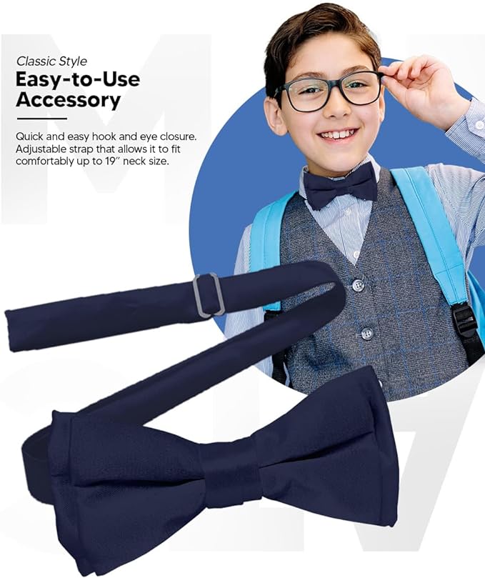 Vittorio Farina Boy's Pretied Solid Silky Satin Bow Tie - Suits You Sir - Navy Blue -
