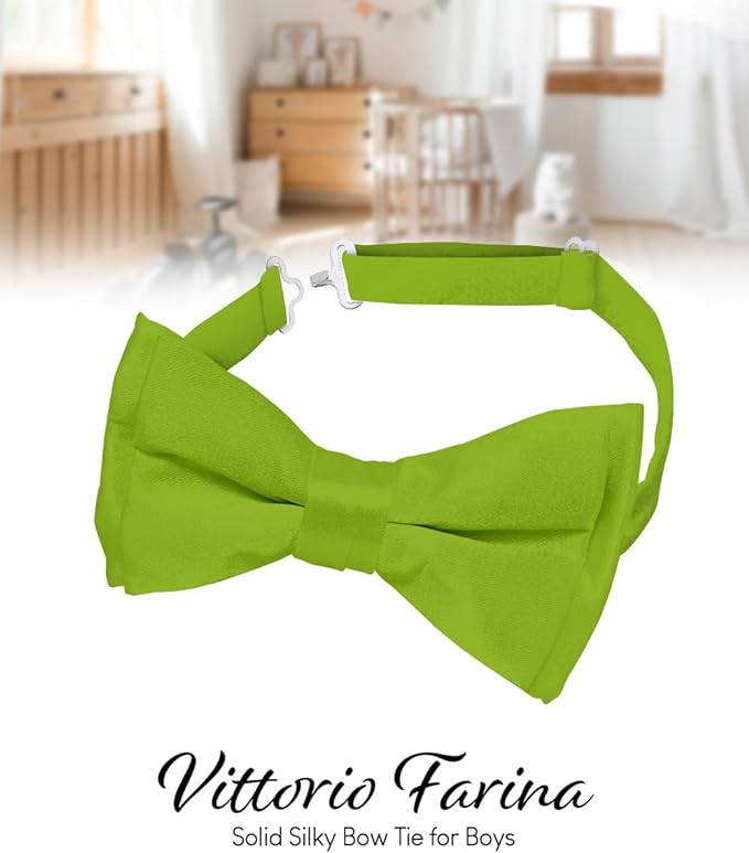 Vittorio Farina Boy's Pretied Solid Silky Satin Bow Tie - Suits You Sir - Olive Green -