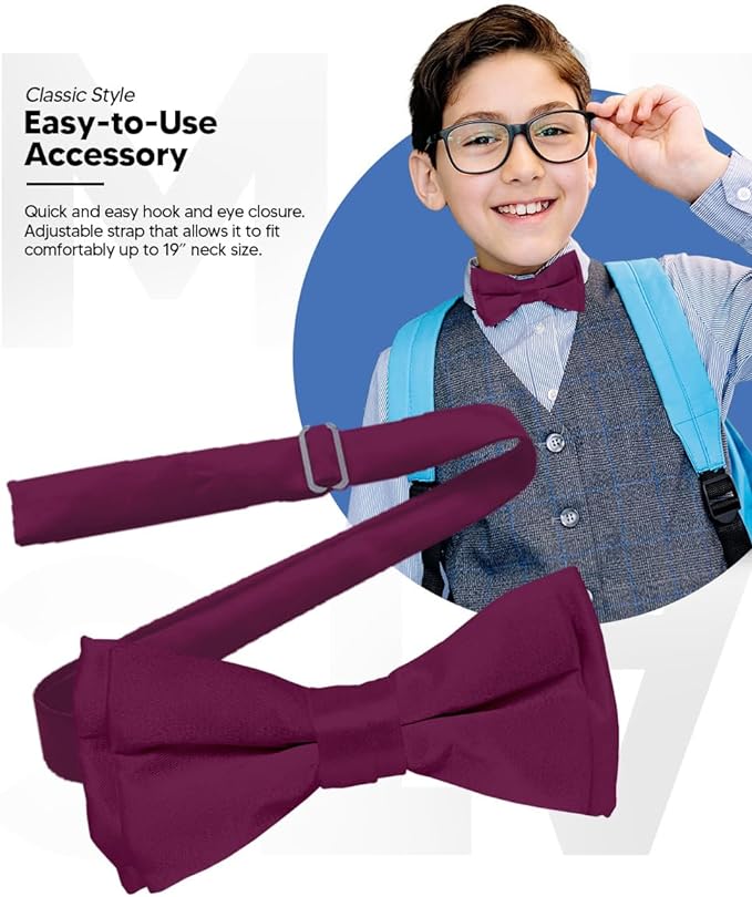 Vittorio Farina Boy's Pretied Solid Silky Satin Bow Tie - Suits You Sir - Plum -
