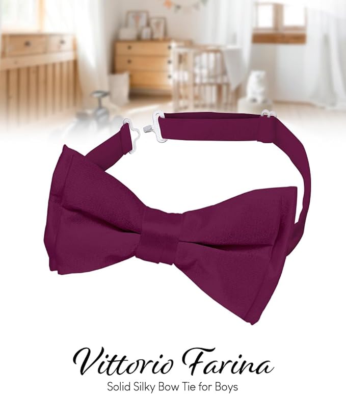 Vittorio Farina Boy's Pretied Solid Silky Satin Bow Tie - Suits You Sir - Plum -