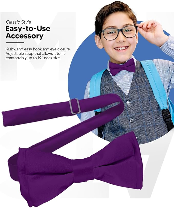 Vittorio Farina Boy's Pretied Solid Silky Satin Bow Tie - Suits You Sir - Purple -