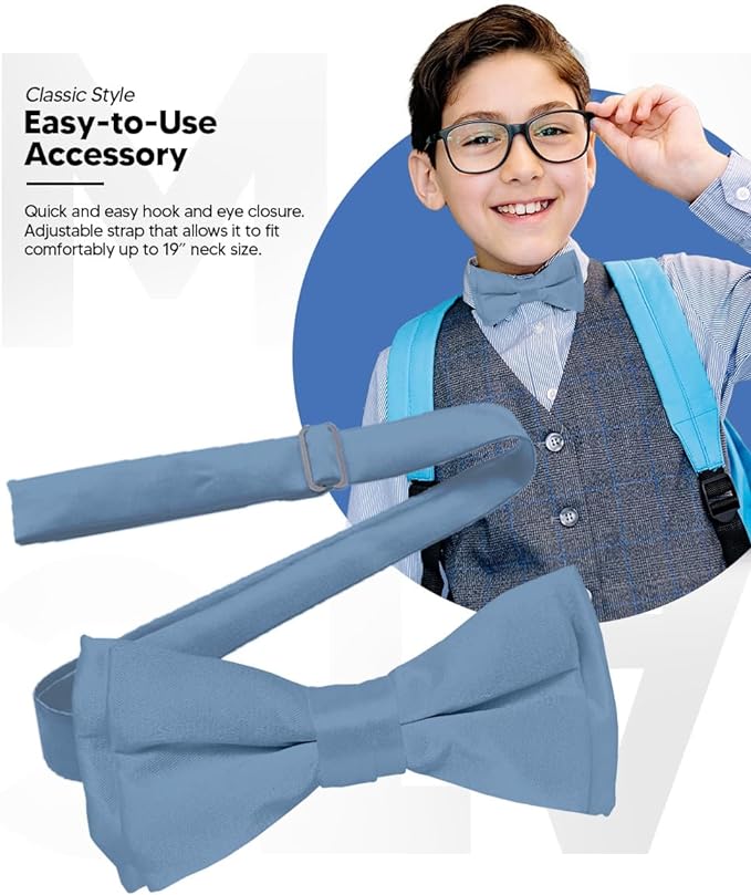 Vittorio Farina Boy's Pretied Solid Silky Satin Bow Tie - Suits You Sir - Sky Blue -