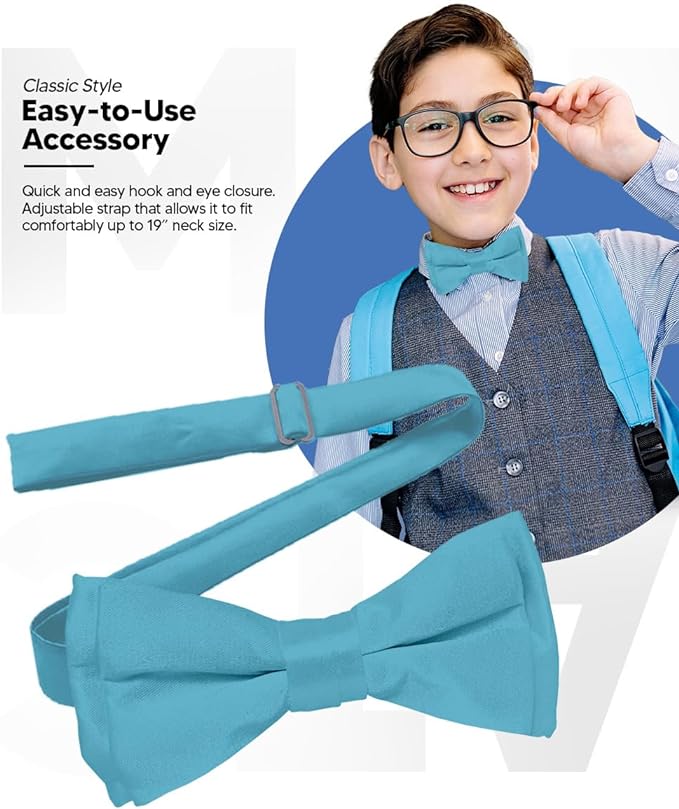 Vittorio Farina Boy's Pretied Solid Silky Satin Bow Tie - Suits You Sir - Turquoise -
