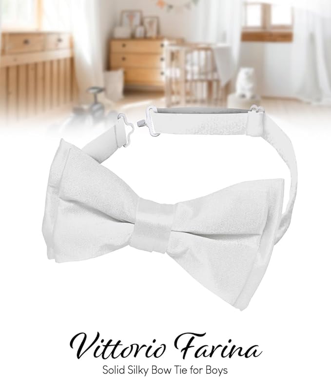 Vittorio Farina Boy's Pretied Solid Silky Satin Bow Tie - Suits You Sir - White -
