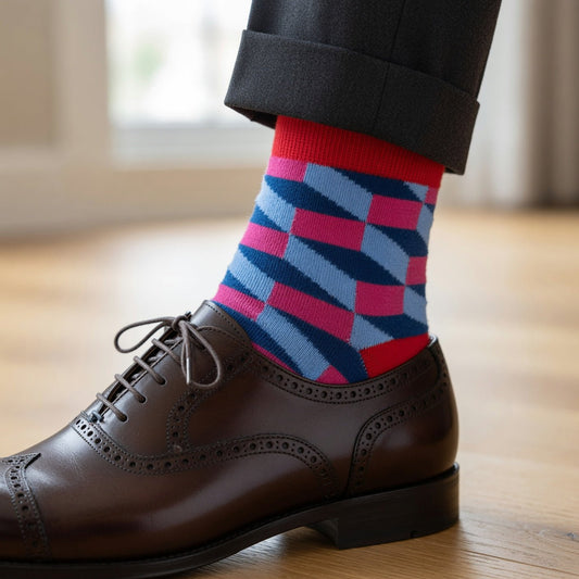 Vittorio Farina Men's Cotton Anklett Checker Dress Socks - Red, Navy Blue and Hot Pink - 6