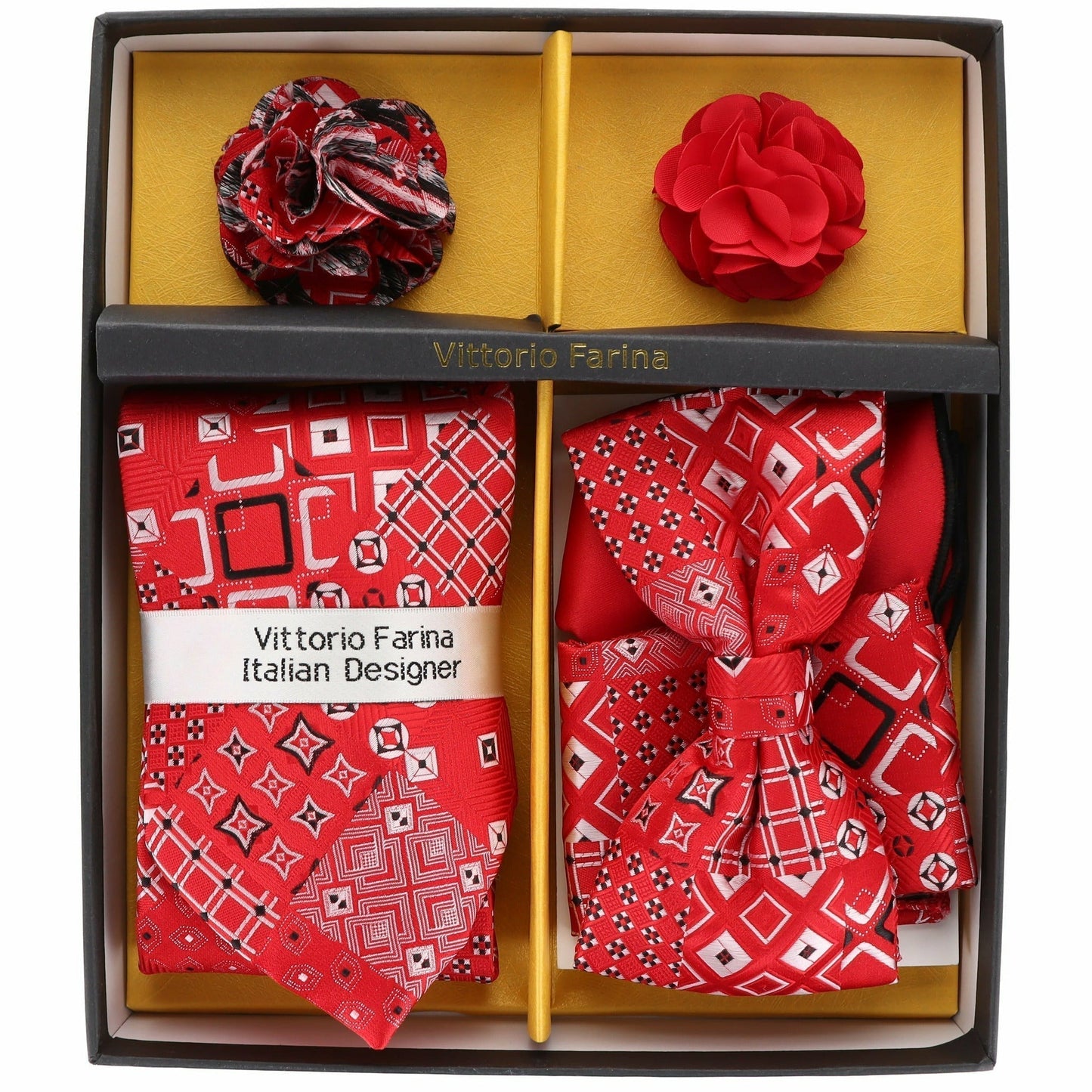Vittorio Farina Men's Design Necktie, Bow Tie, Pocket Squares and Flower Lapel Pin in a Gift Box - Suits You Sir - GB - 116 -