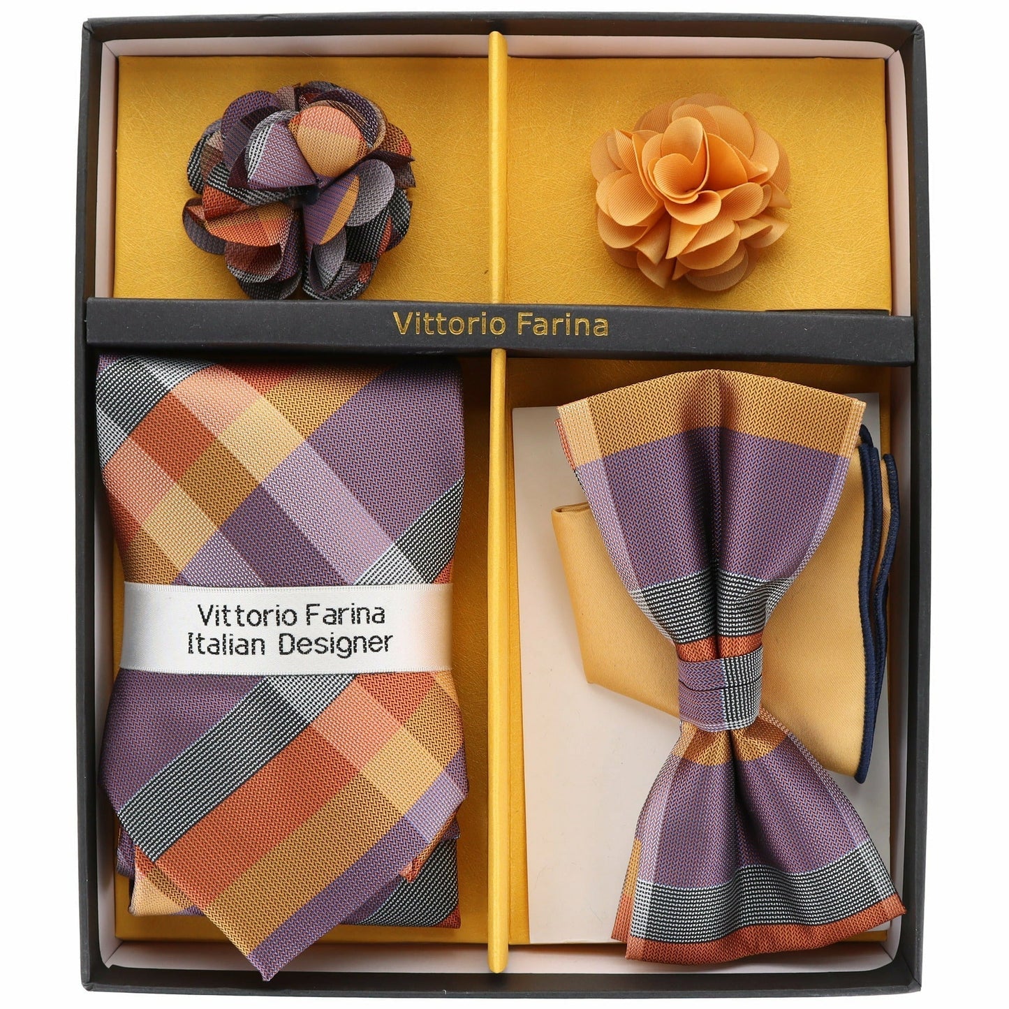 Vittorio Farina Men's Design Necktie, Bow Tie, Pocket Squares and Flower Lapel Pin in a Gift Box - Suits You Sir - GB - 116 -