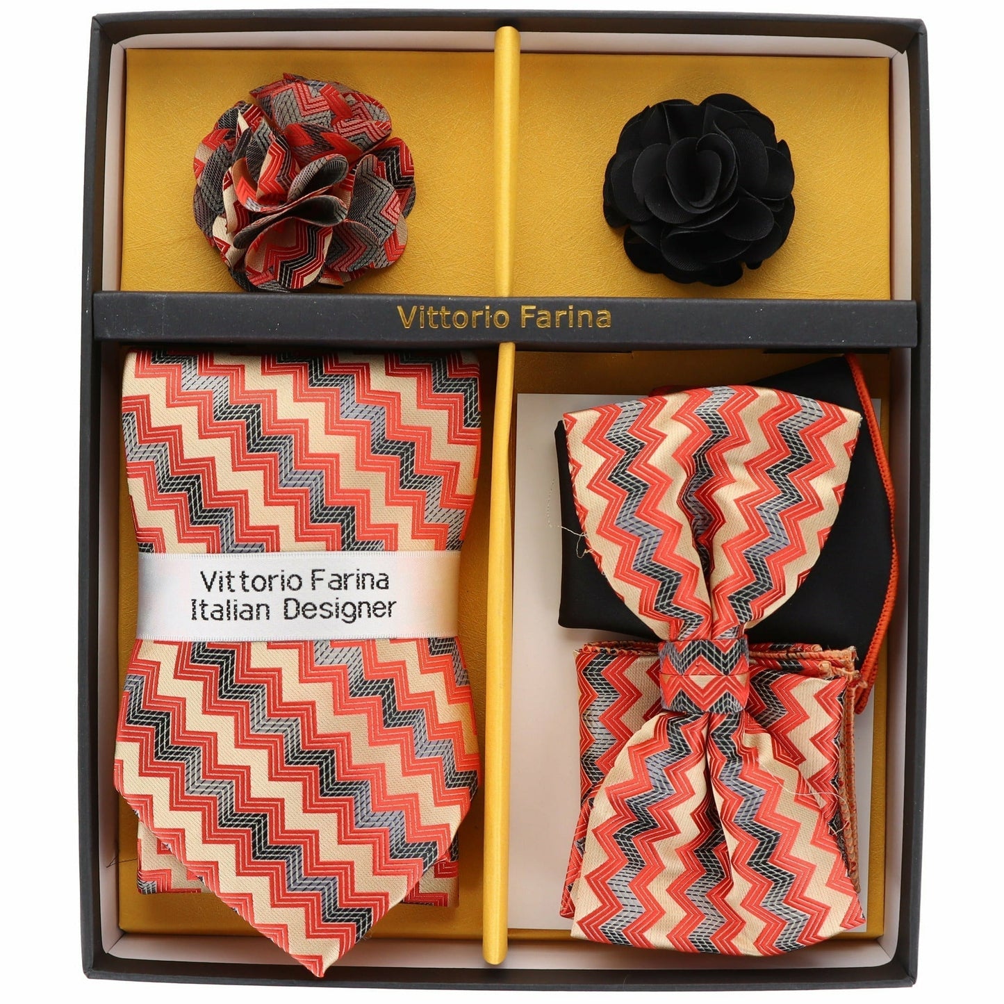 Vittorio Farina Men's Design Necktie, Bow Tie, Pocket Squares and Flower Lapel Pin in a Gift Box - Suits You Sir - GB - 116 -