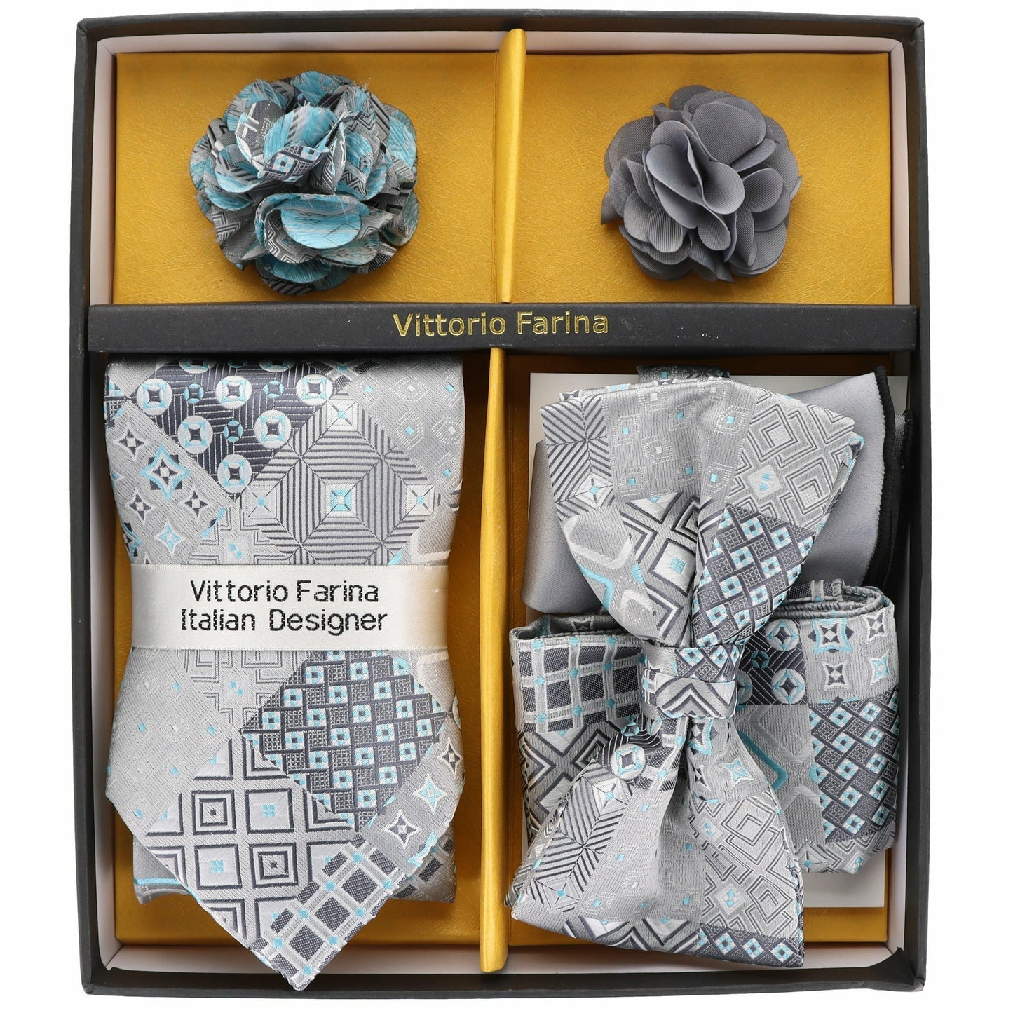 Vittorio Farina Men's Design Necktie, Bow Tie, Pocket Squares and Flower Lapel Pin in a Gift Box - Suits You Sir - GB - 116 -