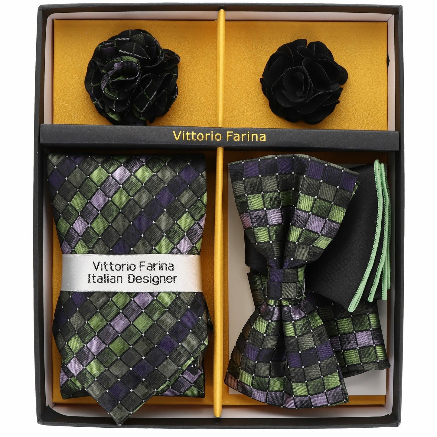Vittorio Farina Men's Design Necktie, Bow Tie, Pocket Squares and Flower Lapel Pin in a Gift Box - Suits You Sir - GB - 116 -