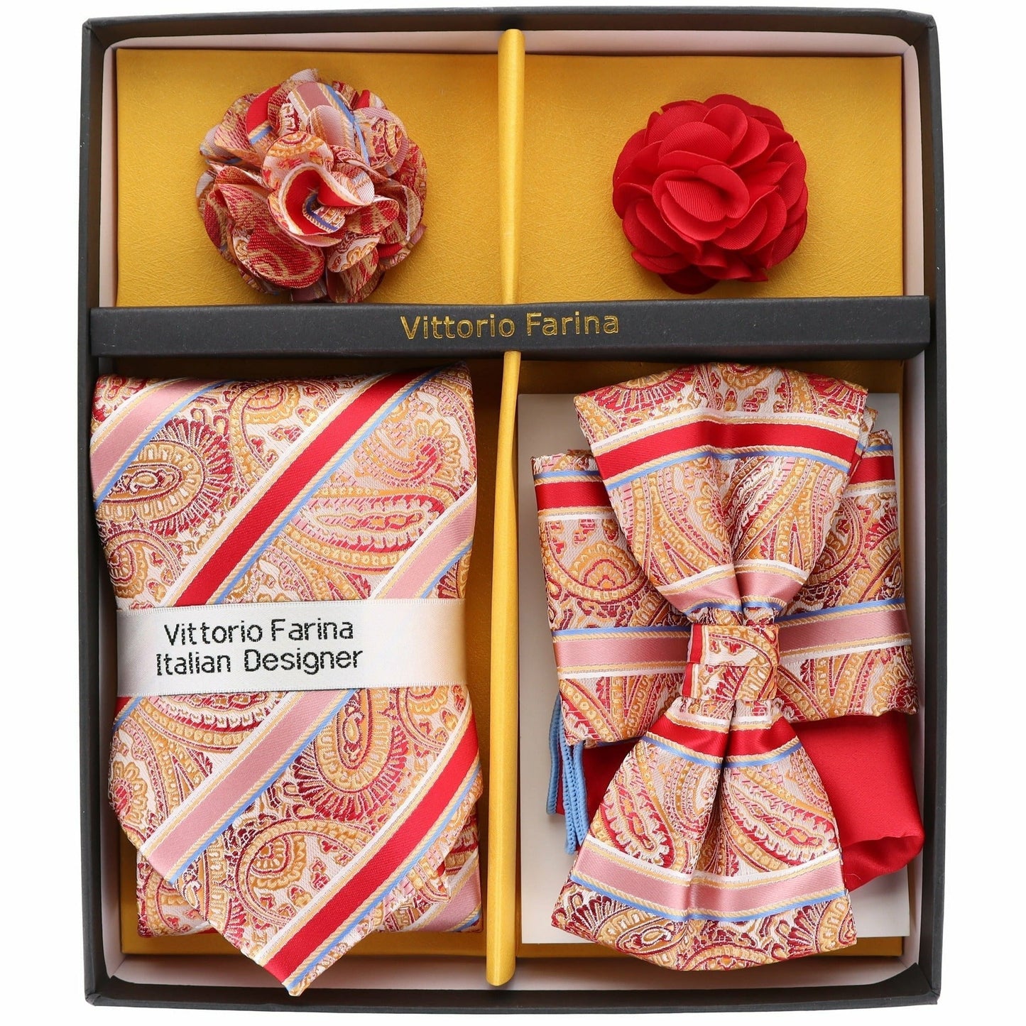 Vittorio Farina Men's Design Necktie, Bow Tie, Pocket Squares and Flower Lapel Pin in a Gift Box - Suits You Sir - GB - 116 -