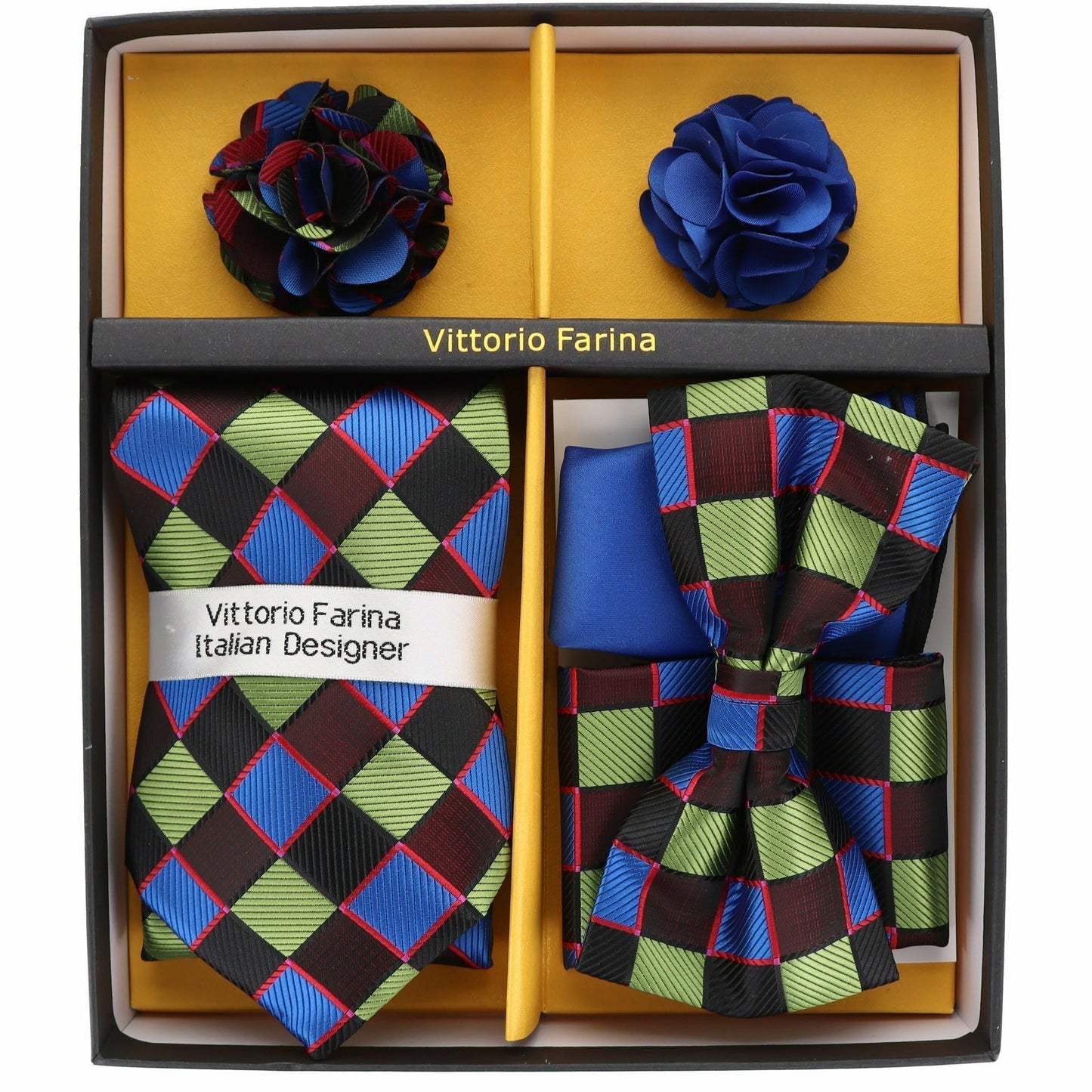 Vittorio Farina Men's Design Necktie, Bow Tie, Pocket Squares and Flower Lapel Pin in a Gift Box - Suits You Sir - GB - 116 -