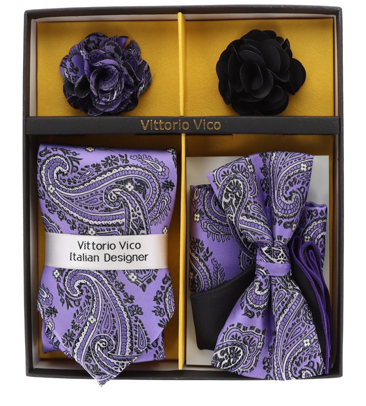 Vittorio Farina Men's Design Necktie, Bow Tie, Pocket Squares and Flower Lapel Pin in a Gift Box - Suits You Sir - GB - 116 -