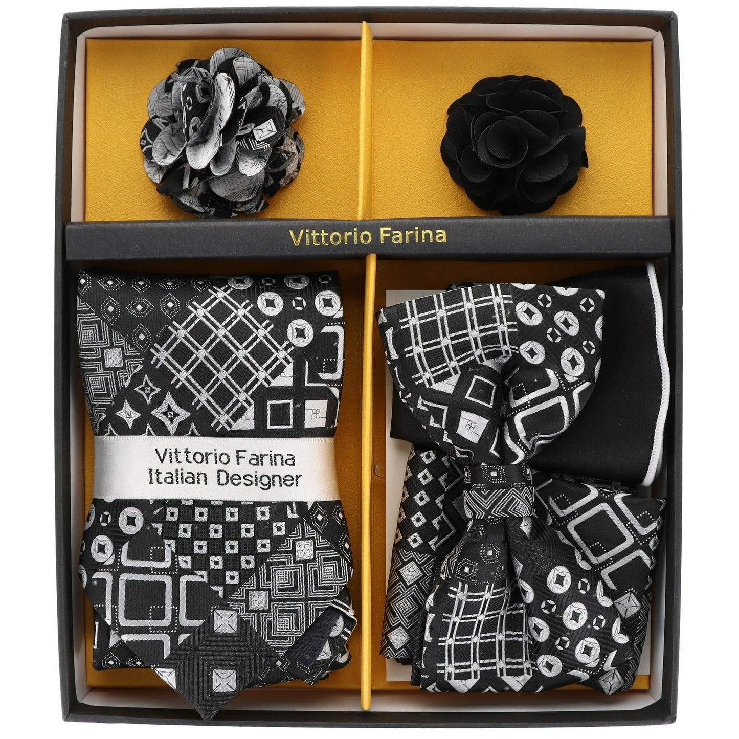 Vittorio Farina Men's Design Necktie, Bow Tie, Pocket Squares and Flower Lapel Pin in a Gift Box - Suits You Sir - GB - 116 -