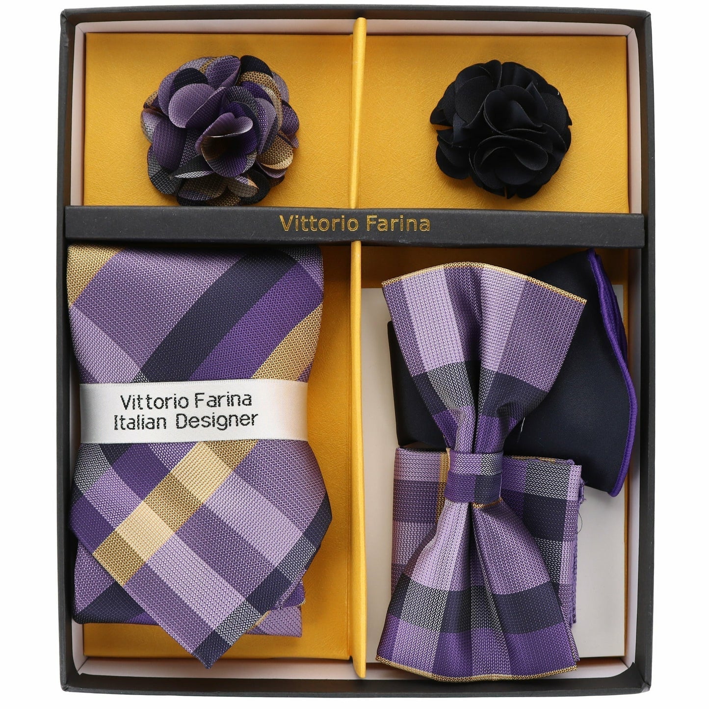 Vittorio Farina Men's Design Necktie, Bow Tie, Pocket Squares and Flower Lapel Pin in a Gift Box - Suits You Sir - GB - 116 -