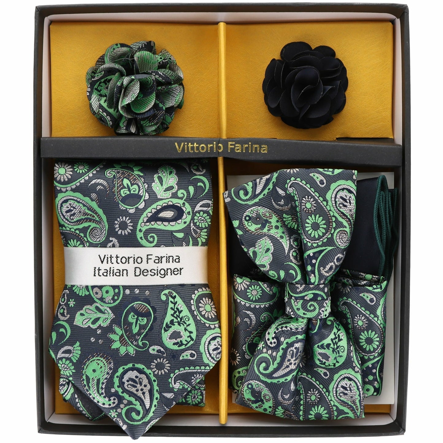 Vittorio Farina Men's Design Necktie, Bow Tie, Pocket Squares and Flower Lapel Pin in a Gift Box - Suits You Sir - GB - 116 -