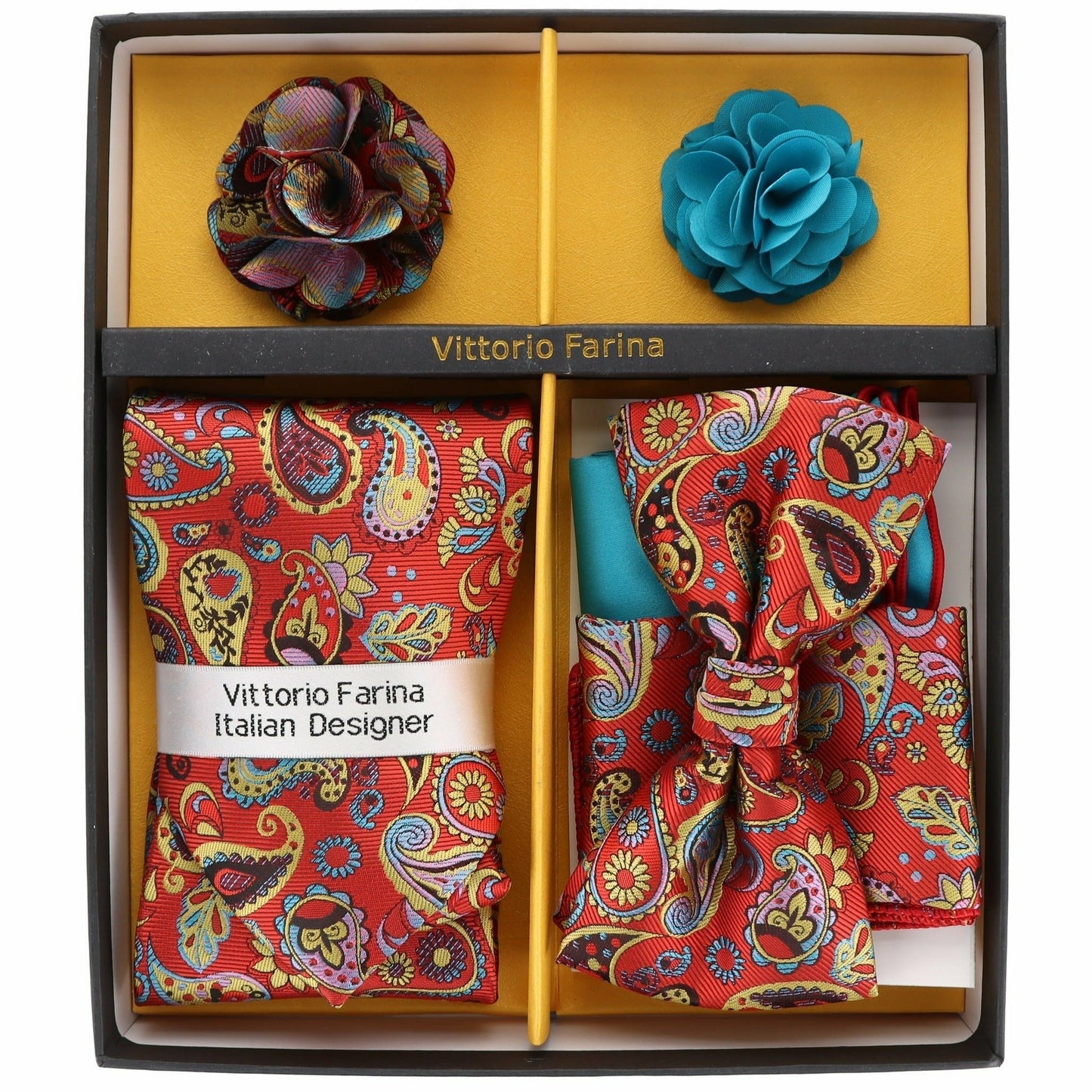 Vittorio Farina Men's Design Necktie, Bow Tie, Pocket Squares and Flower Lapel Pin in a Gift Box - Suits You Sir - GB - 116 -